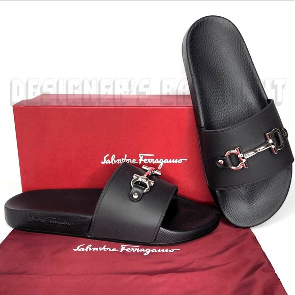 Salvatore Ferragamo Other - SALVATORE FERRAGAMO mens 13M black rubber GROOVE metal HORSEBIT slides shoes NIB